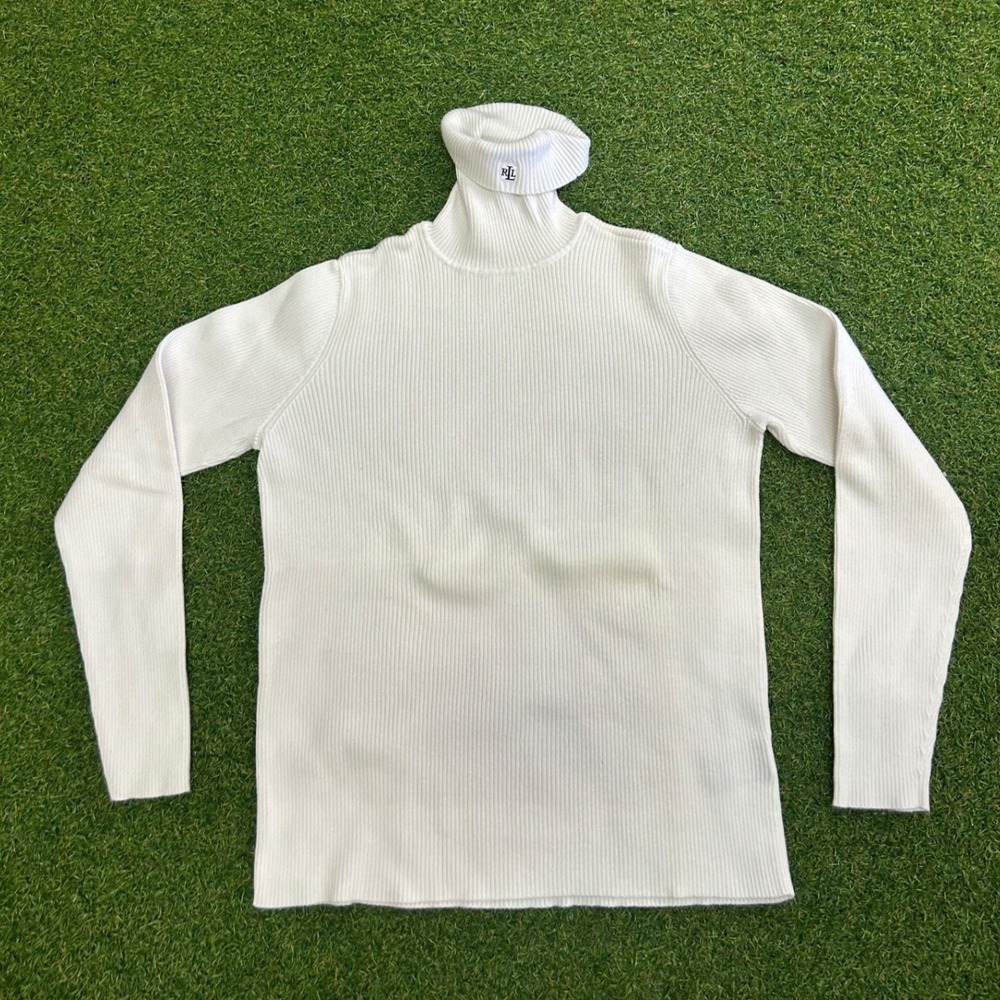 Lauren Ralph Lauren Cream Ribbed Turtleneck Sweater RL Monogram White Small